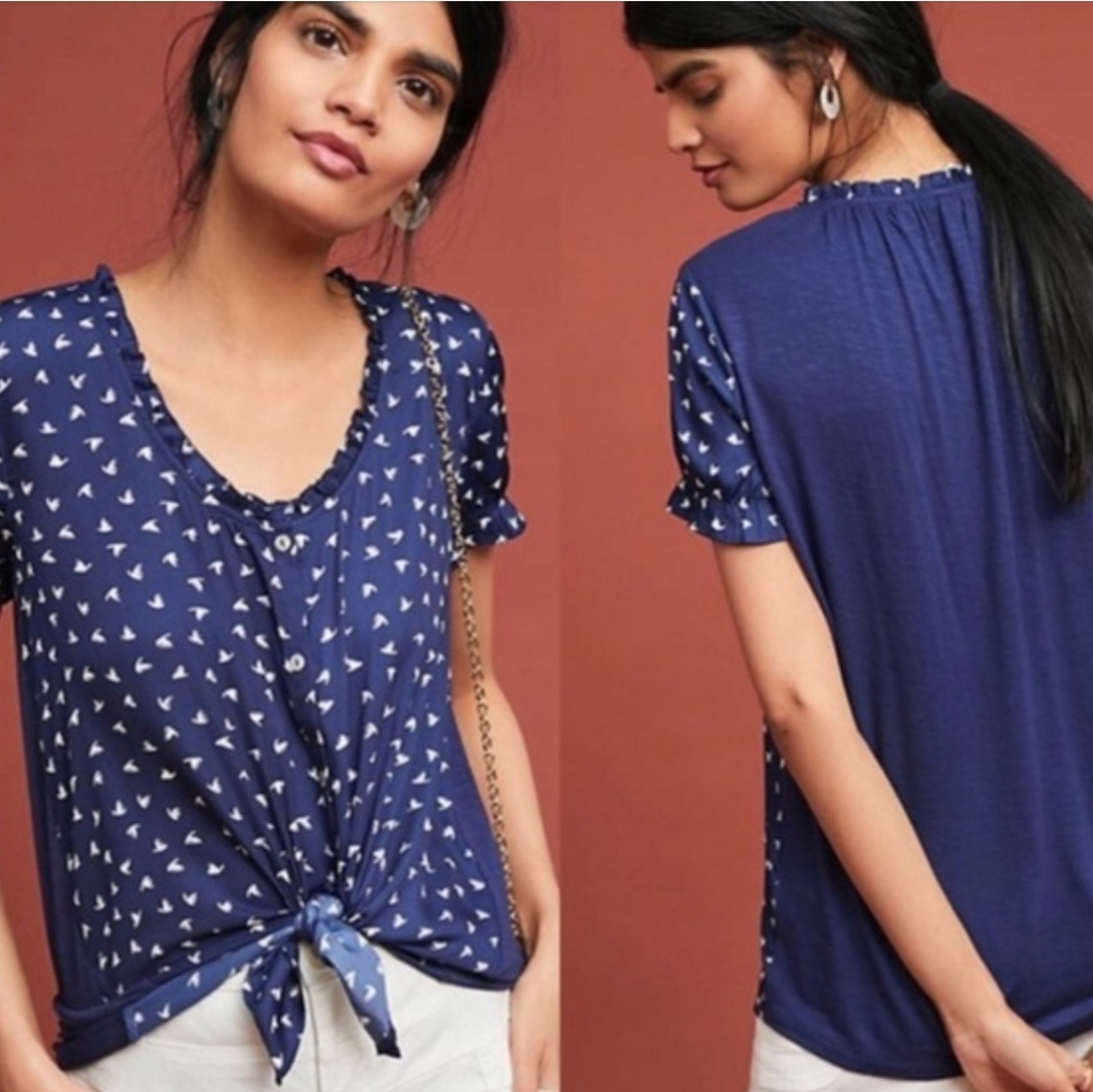Dolan by Anthropoligie Blue Button-Up‎ Blouse with White Bird Pattern, Size M